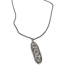 Long Silver Pendant With Flowers Necklace